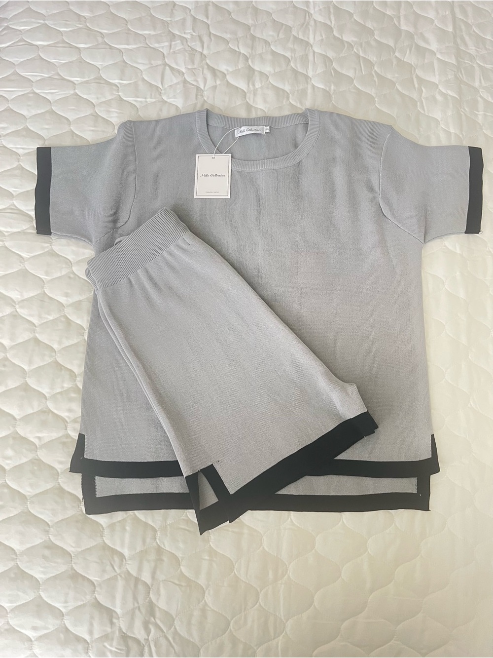 Gray Knit Short Set with Black Trim